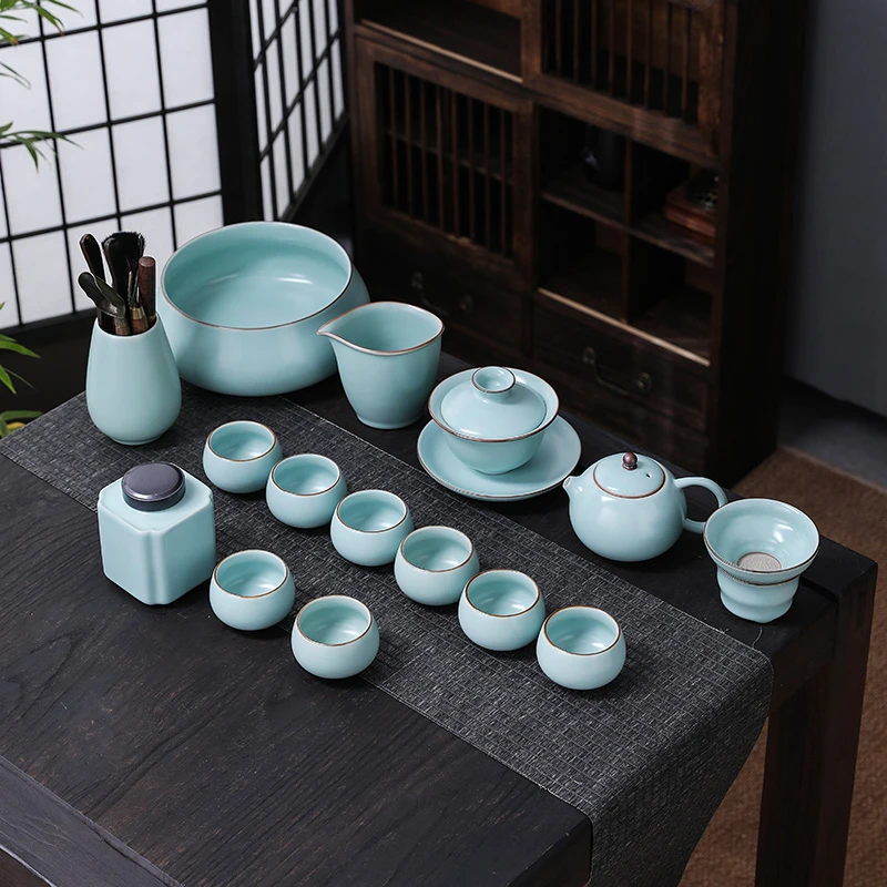 汝窑茶具套装家用新款天青色汝瓷功夫茶杯壶礼盒轻奢高档开片可养