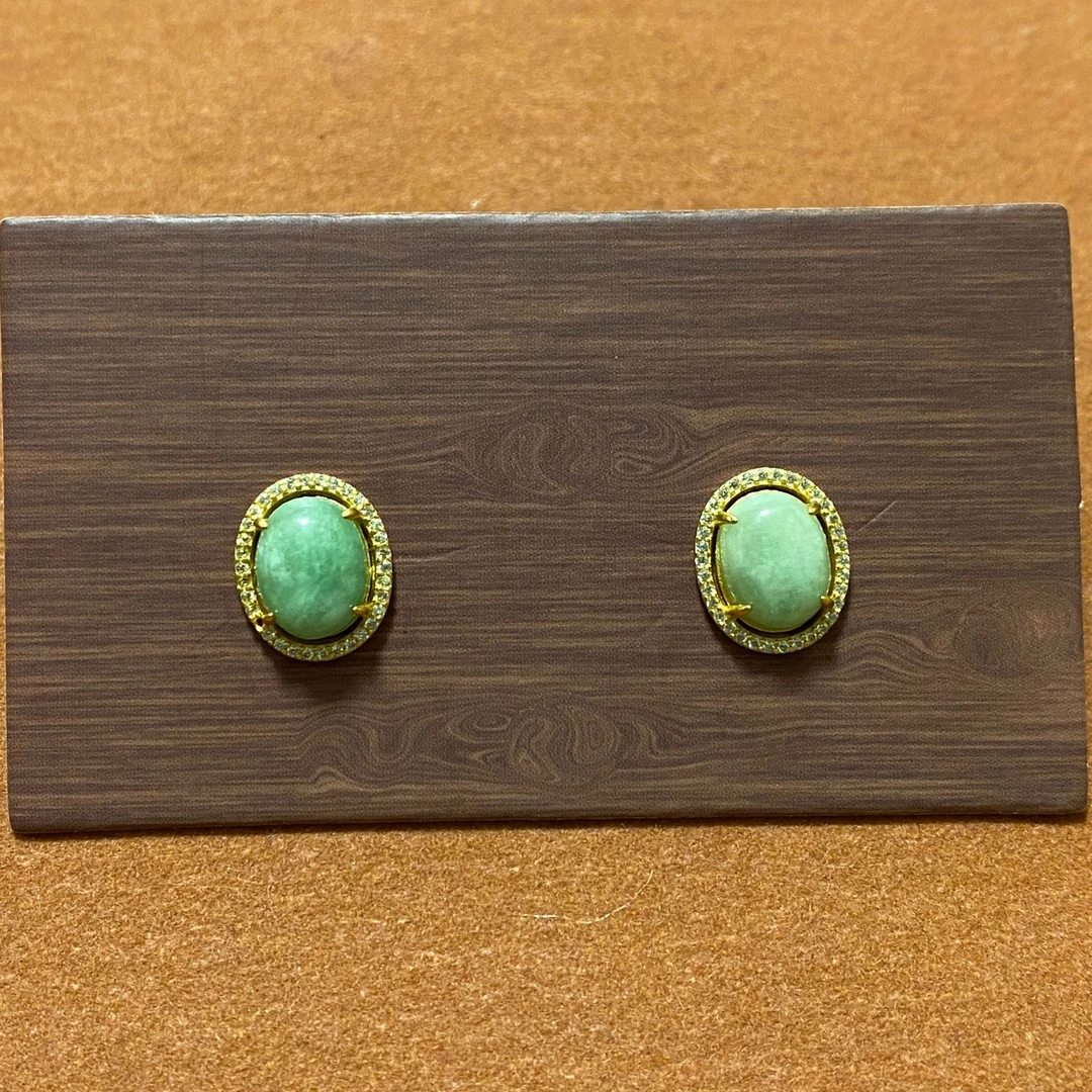 925银耳饰 H205 纯银镀金椭圆耳钉 镶嵌气质绿色精致优雅