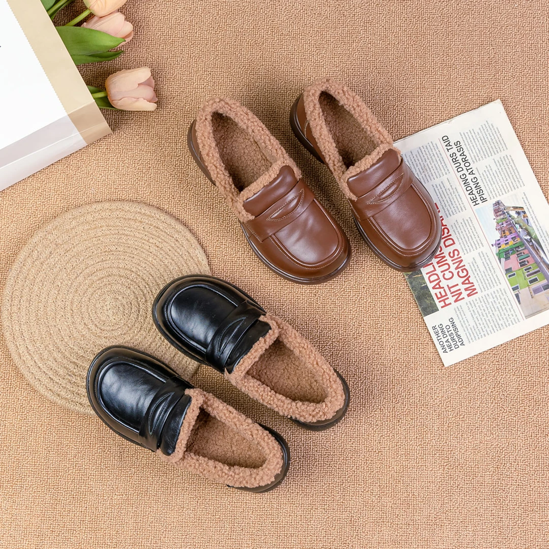 2024新款头层牛皮休闲防水防滑软底加厚平底保暖乐福鞋女 327-3