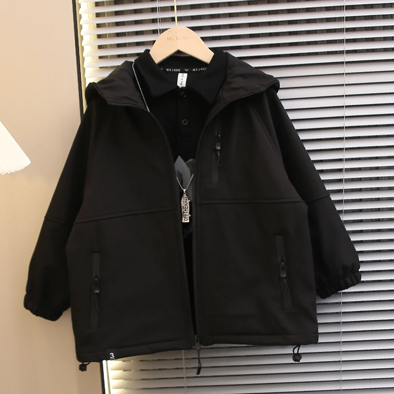 【一体绒休闲儿童风衣】男童加绒外套2025新款中大童秋冬装宽松帅气