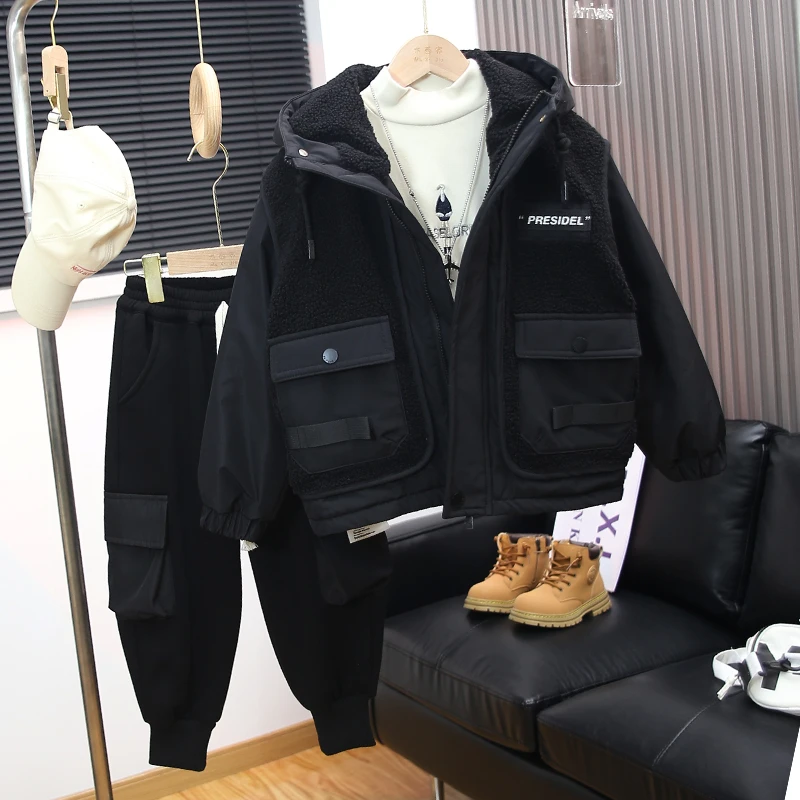 【现货夹棉工装外套】童装男童加厚外套2023新款儿童冬装加厚棉服潮