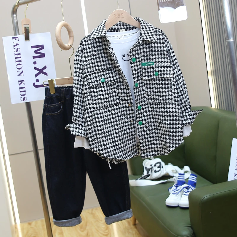 【千鸟格时尚外套】童装男童套装2023新款儿童韩版衬衫百搭时尚洋气