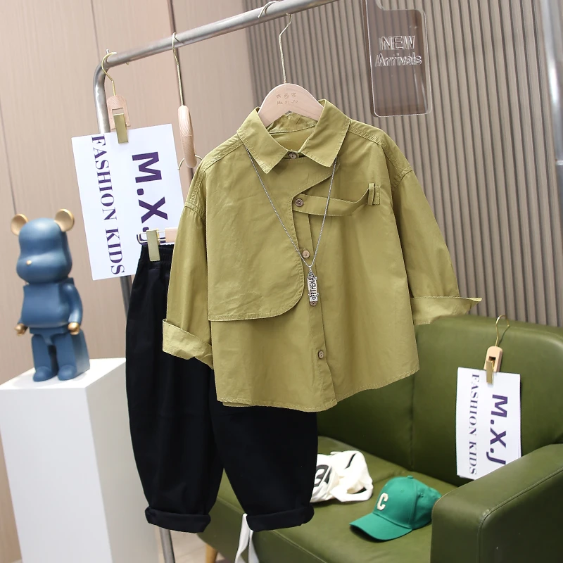 【清新牛油果衬衣】童装男童套装2024新款儿童春秋季长袖棉布衬衫