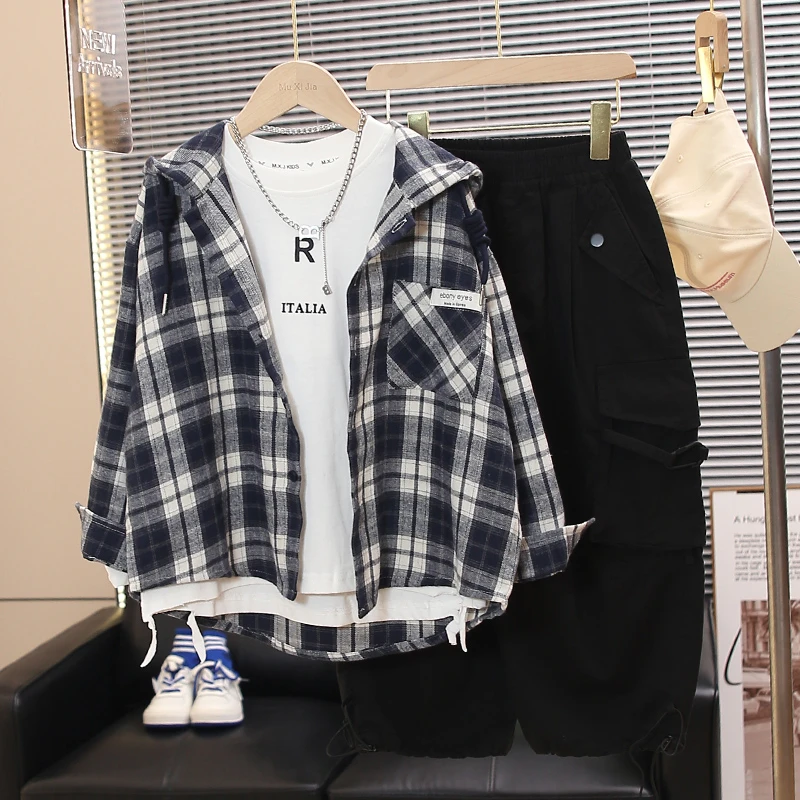 【时尚百搭格子衬衣】童装春秋装男童外套2025新款中大童韩版连帽潮