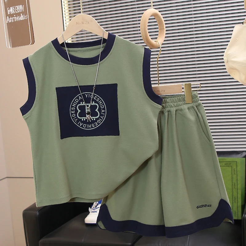 【凉爽珠地棉背心两件套】男童夏装套装2024新款中大童夏季薄款无袖
