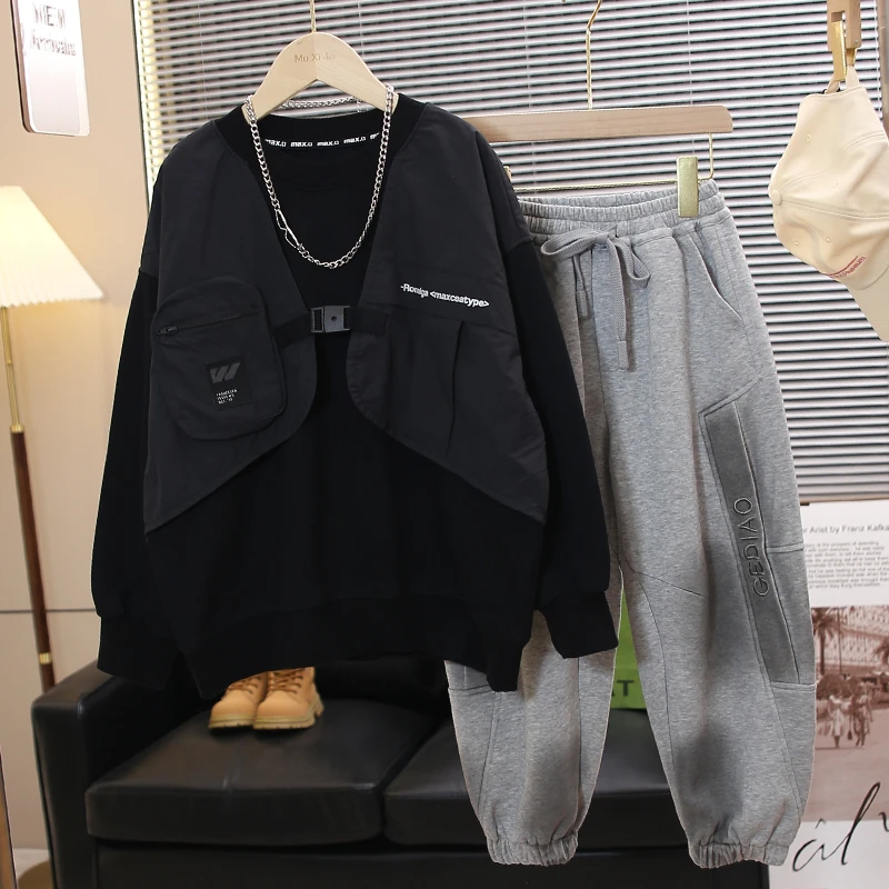 【时尚假两件休闲童装】男童卫衣2024新款春秋装中大童宽松百搭帅气