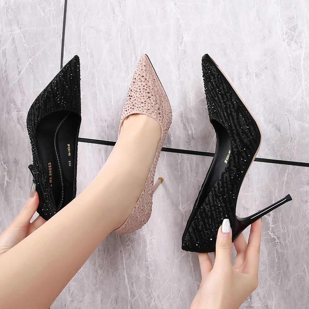 【9公分~7公分】2025春秋新款黑色细跟时尚气质百搭尖头满钻高跟鞋