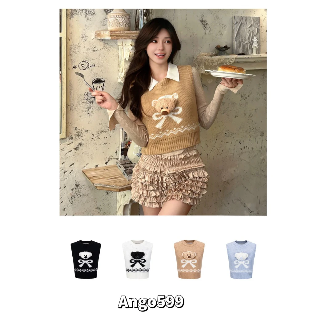 小熊背心* 秋冬必备提花蝴蝶结百搭单品针织背心无袖上衣