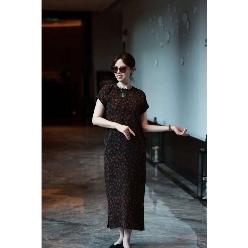 【普罗宴】景罗国风黑色碎花斜襟时尚百搭常规款连衣裙