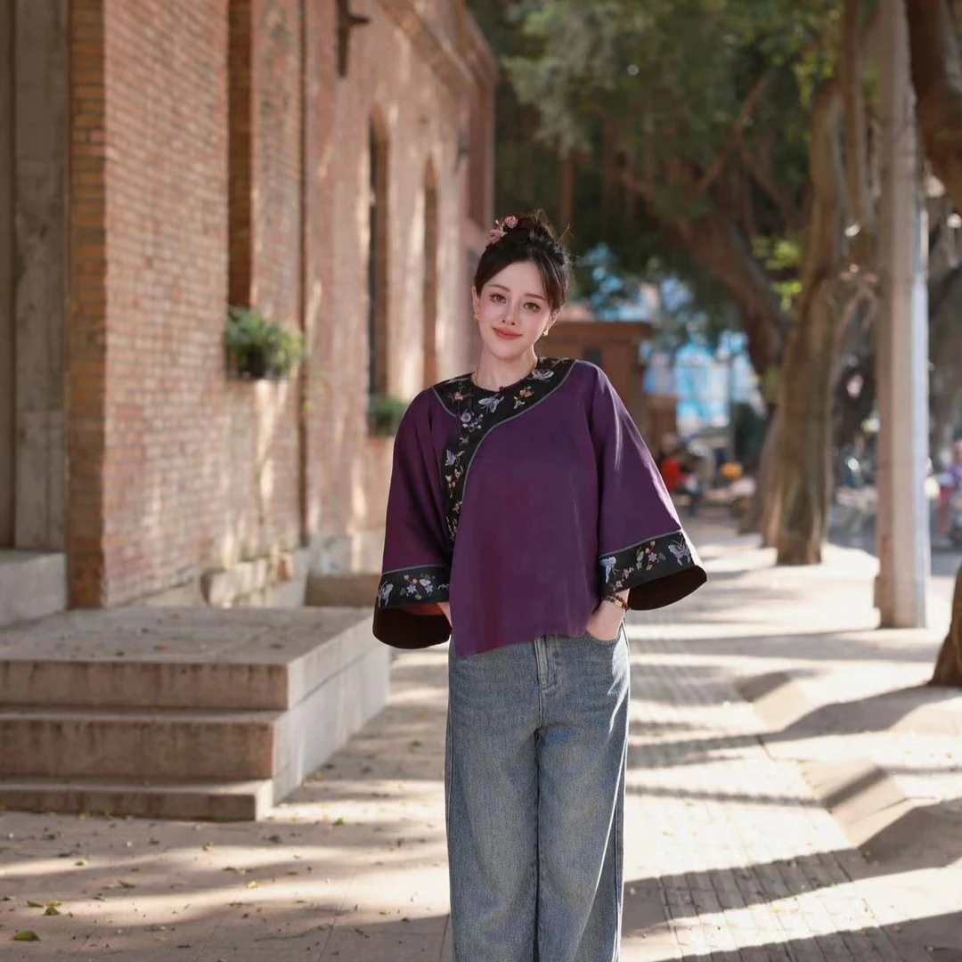 【庆灵椿】景罗国风紫色宽松圆领斜襟手绣上衣