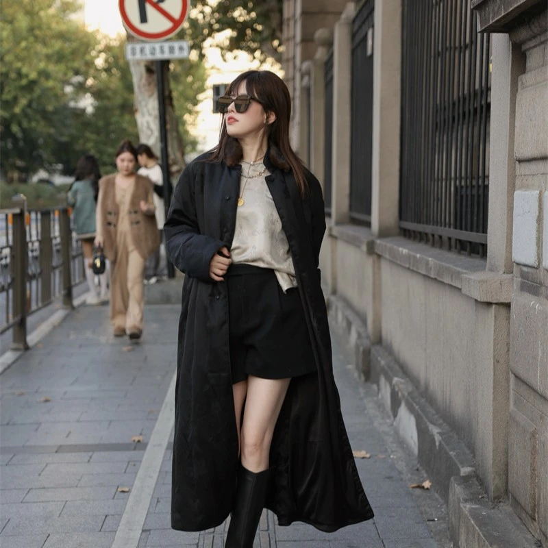 【郑郎子】景罗国风黑色立领对襟重缎毛领宽松百搭中式连衣裙风衣