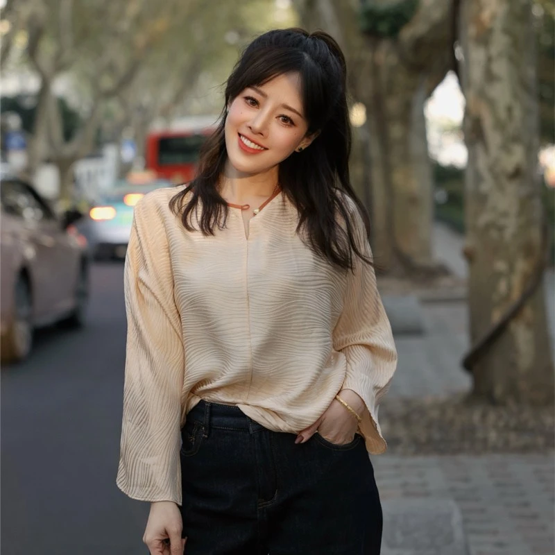 【群玉轩】景罗国风米色圆领提花宽松百搭香云纱中国风衬衫上衣