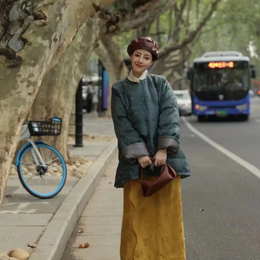 【霜叶飞】景罗国风蓝色圆领斜襟提花香云纱加棉冬款中国风宽松上衣