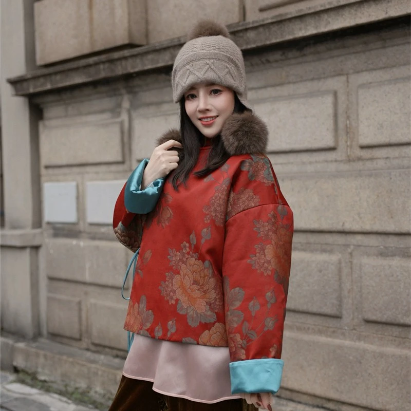 【钓船笛】景罗国风红色立领斜襟提花加棉冬款宽松百搭香云纱上衣