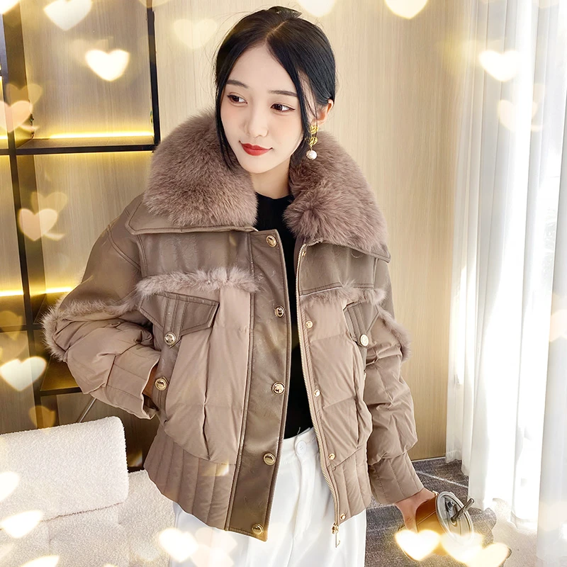 新款新潮拼接皮草狐狸毛领设计师短款女装薄款羽绒服气质百搭保暖