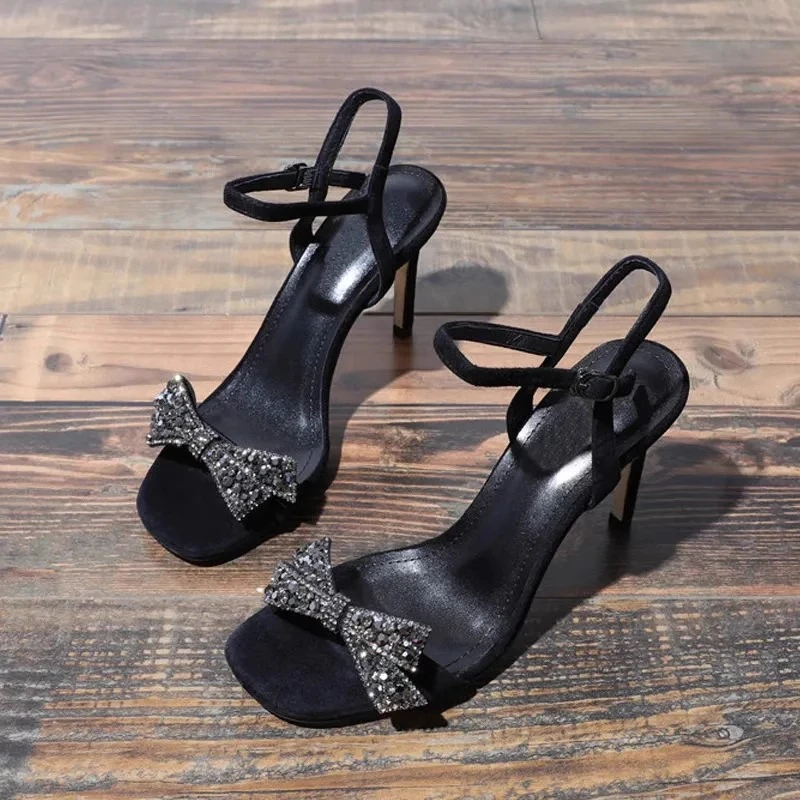 高跟凉鞋女仙女风2024夏新款一字带扣带蝴蝶结水钻黑色高跟鞋细跟