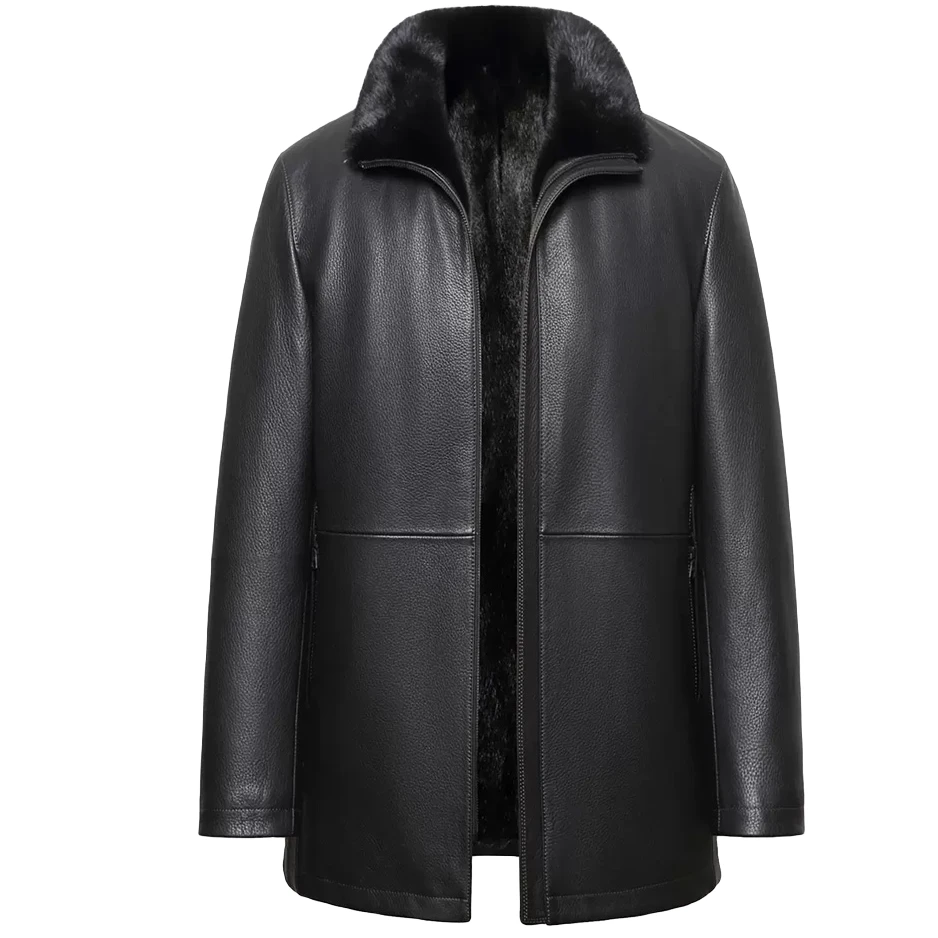 山羊皮水貂内胆真皮保暖男士中年秋冬皮毛一体冬款休闲中长款男款