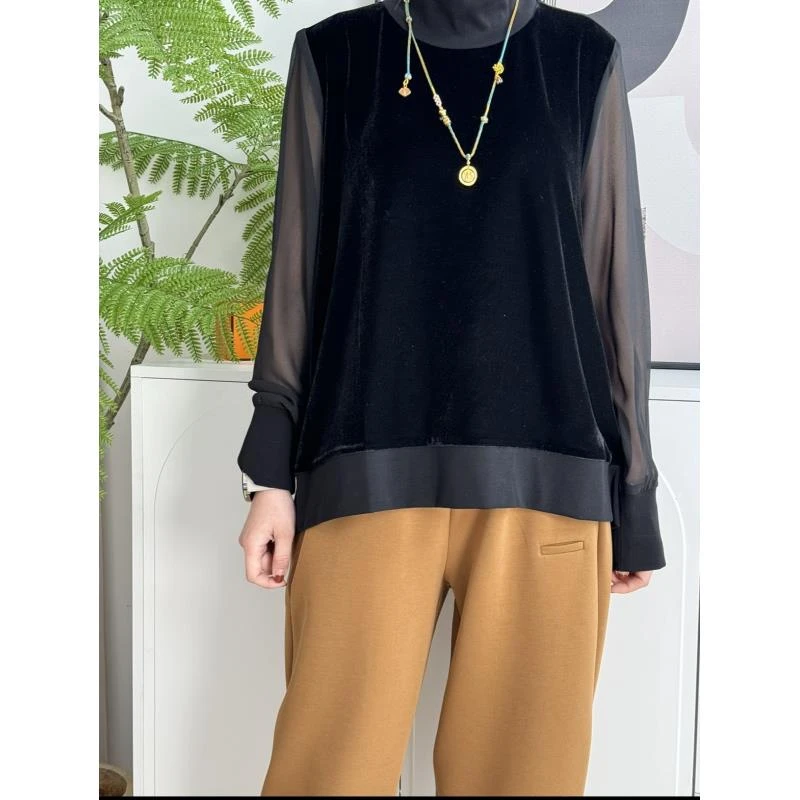 【慧姐私服】24春时尚百搭洋气丝绒设计显瘦拼接长袖88093