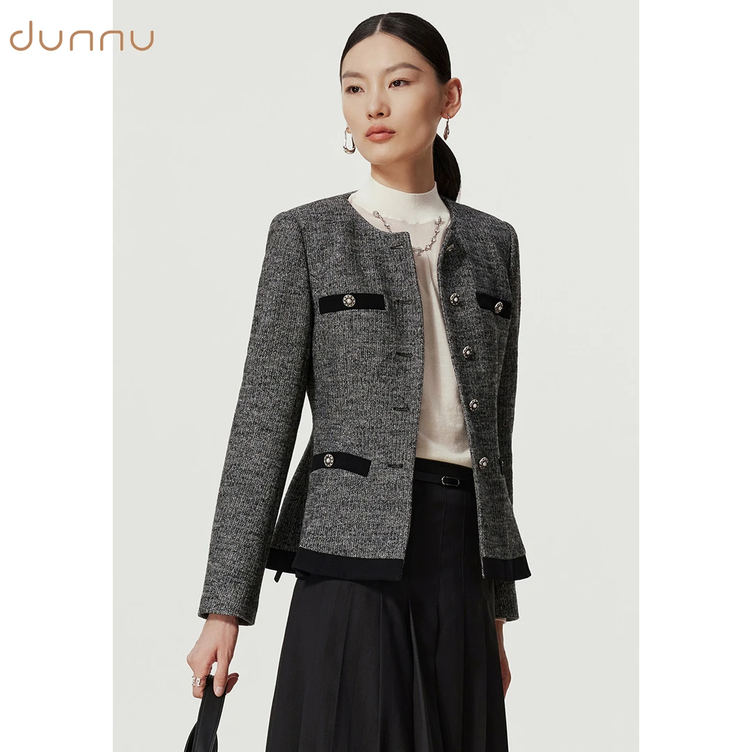 dunnu敦奴春季通勤外套短款小外套黑色粗花呢格纹小香风8S362106