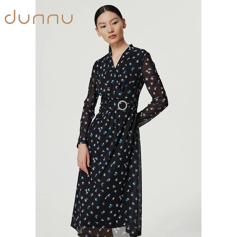 dunnu敦奴秋季优雅时尚休闲印花收腰连衣裙FT150102