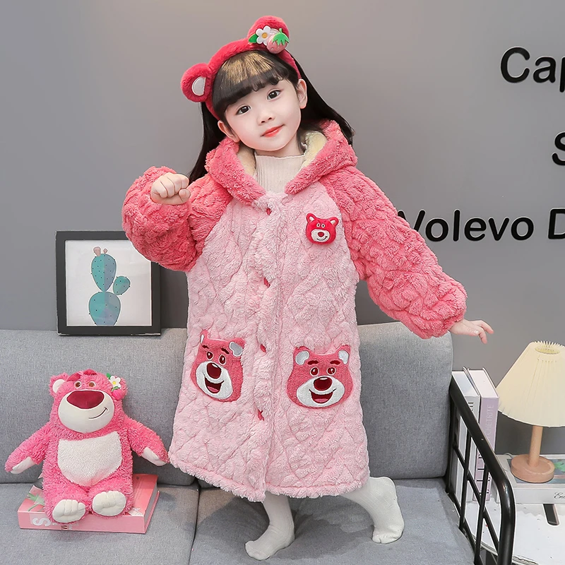 女童三层夹棉睡衣秋冬季珊瑚绒睡袍加绒加厚冬款儿童法兰绒家居服