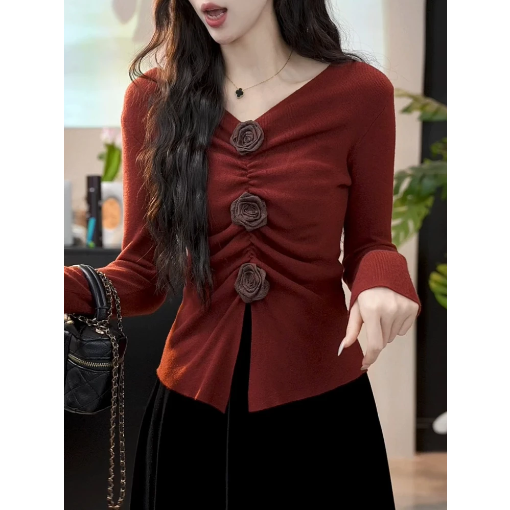 立体花朵V领针织衫女秋季2024年新款高级感褶皱内搭打底长袖上衣