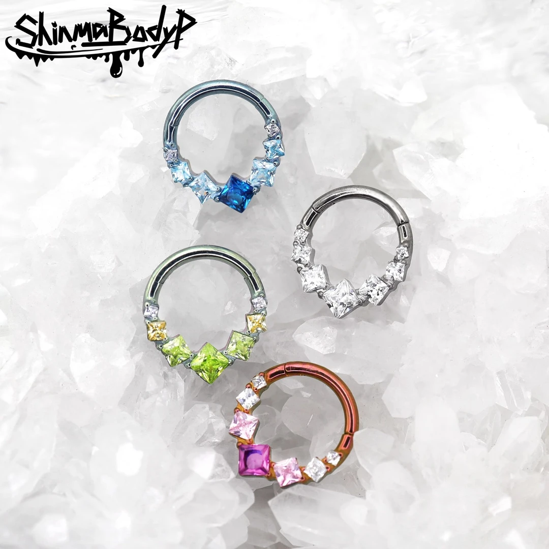 合成水晶SHINMA F-136钛合金方糖锆石彩色卡扣鼻中隔环耳蜗耳骨环