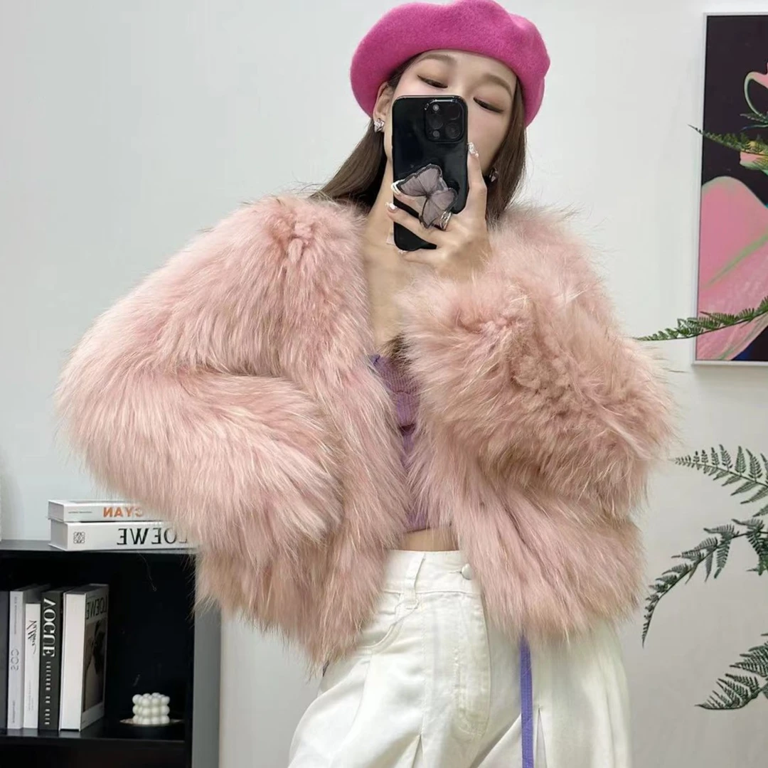 【麦子家】2023新款高腰短款貉子毛双面编织秋冬皮草外套爆款女外套