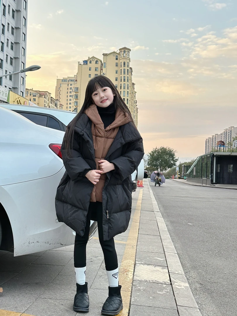 （亲子款）女童羽绒服中长款2023冬季新款冬装假两件女大童加厚外套