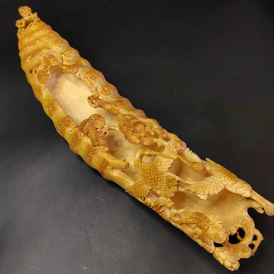 一物一图文玩满钉竹根雕刻松鹤延年茶台摆件长37.1宽:8.0厚5.2cm