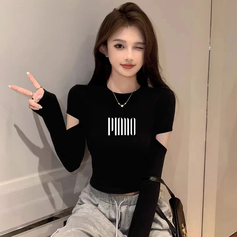 洋气修身辣妹设计感秋季割破袖圆领短款打底衫女高腰长袖t恤上衣