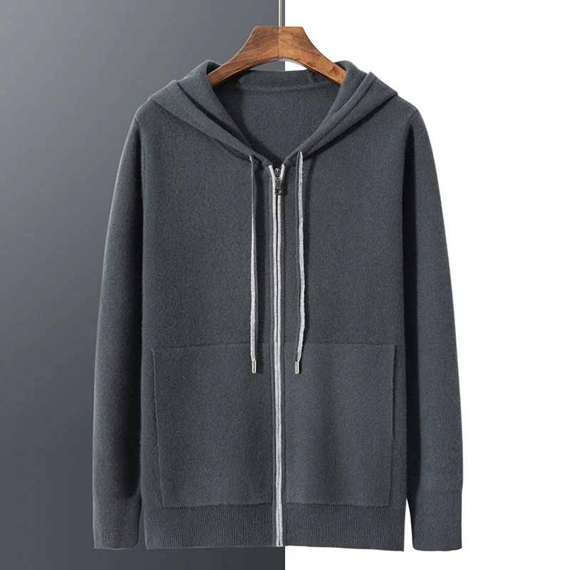 男士LP原版纯山羊绒长袖连帽四平加厚休闲时尚百撞色针织拉链开衫