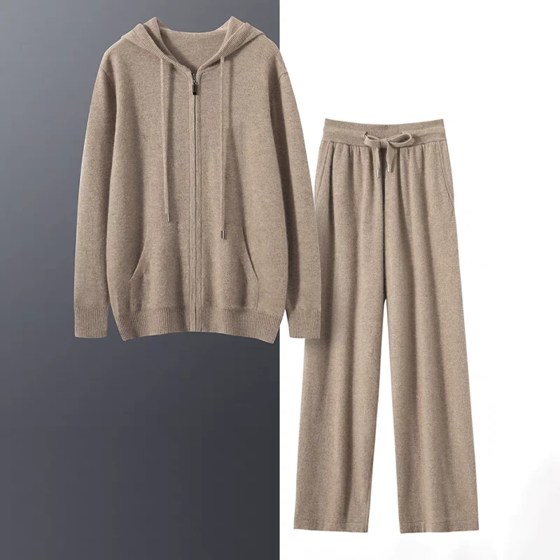 男士精纺纯山羊绒长袖连帽开衫高腰系带小脚裤阔腿裤休闲时尚套装