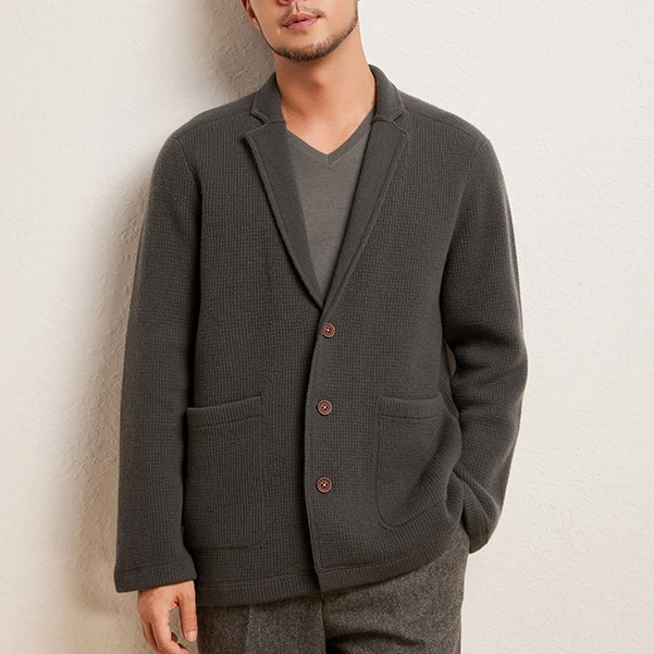 男士纯山羊绒810克长袖青果领系扣开衫华夫格高端时尚百搭西服