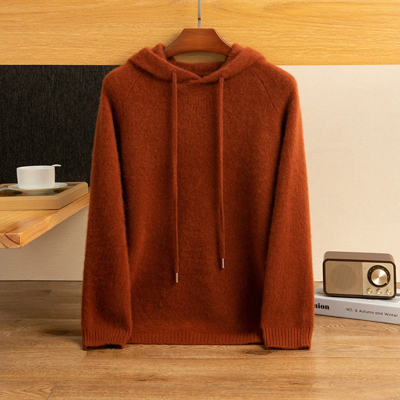 男士纯山羊绒长袖连帽加厚保暖宽松休闲时尚百搭纯色针织套头帽衫