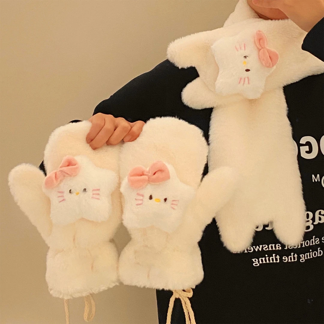 【爱宝】五角星KT猫毛绒围巾手套女冬季加绒加厚冬天学生保暖棉手套