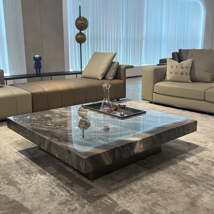 意式极简轻奢岩板茶几现代设计师悬浮威尼斯棕客厅家用正方形茶几