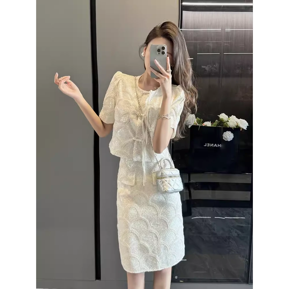 直播高端精致小香风套装女重工亮片高级设计感小个子穿搭一整套