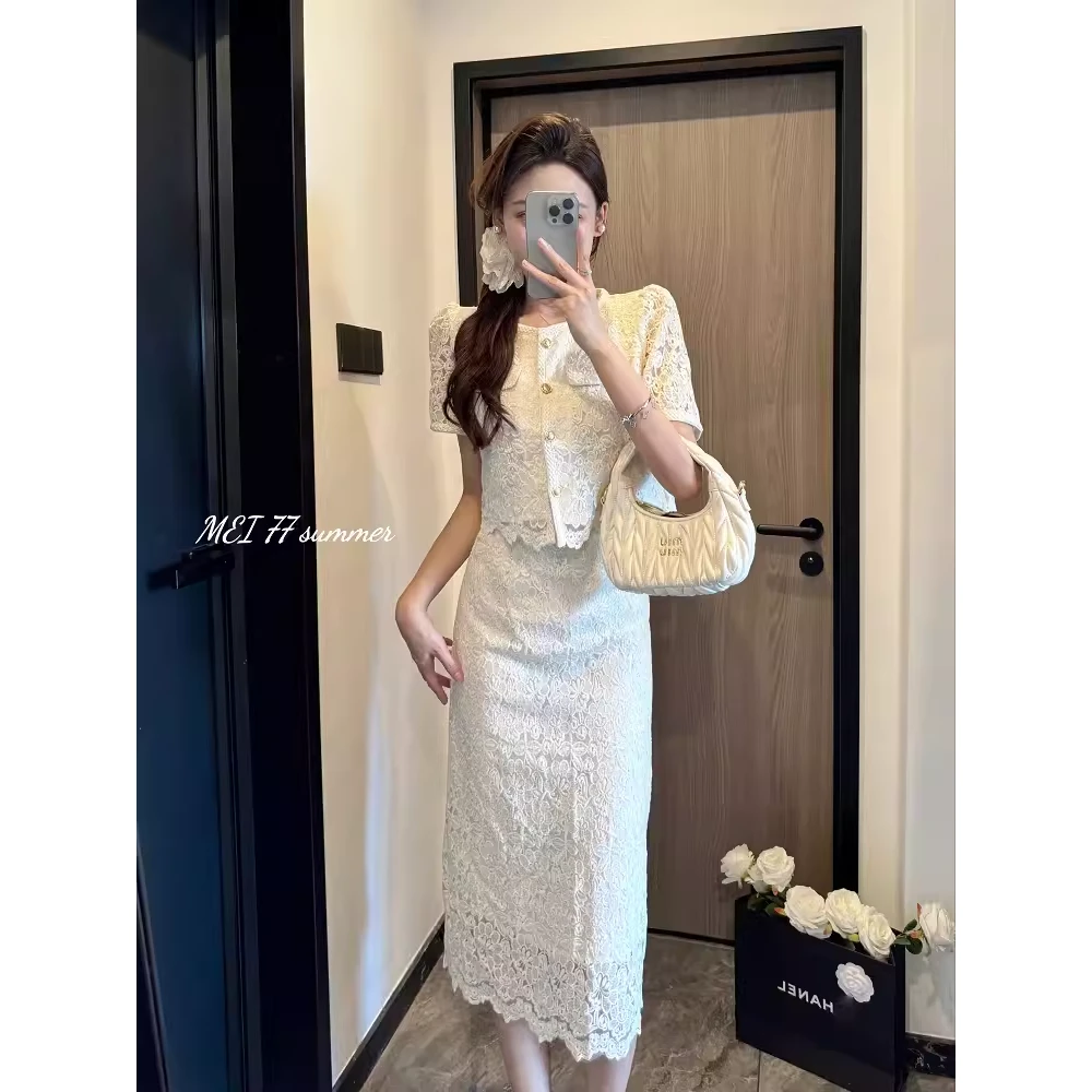 直播轻奢小香风套装女2024夏季新款蕾丝钩花短上衣半身裙两件套