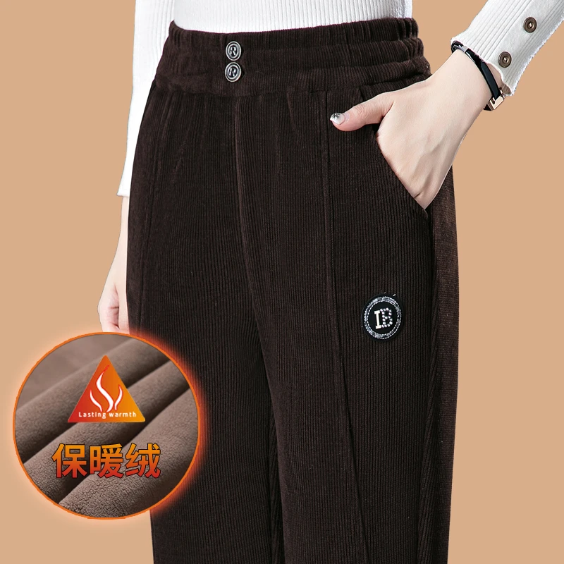 中老年妈妈灯芯绒女裤2024新款加绒加厚松紧腰条绒哈伦裤秋冬裤子