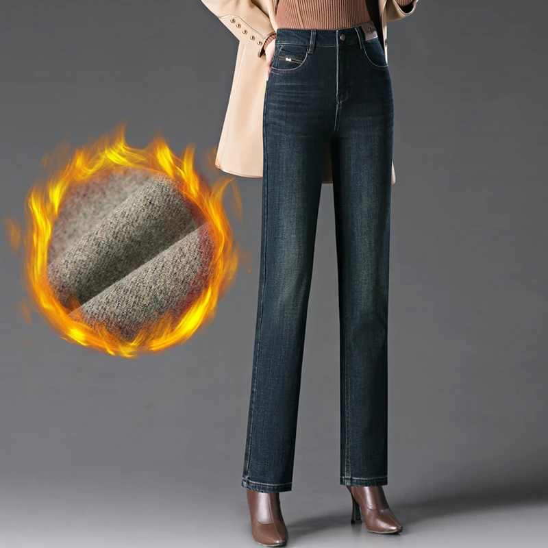 薄绒直筒牛仔裤女2024冬季新款加绒加厚磨毛抓绒妈妈秋冬烟管裤子