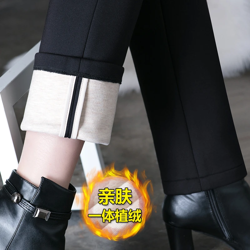 加绒直筒裤女式2024冬季新款高腰妈妈加厚休闲裤西裤秋冬烟管裤子
