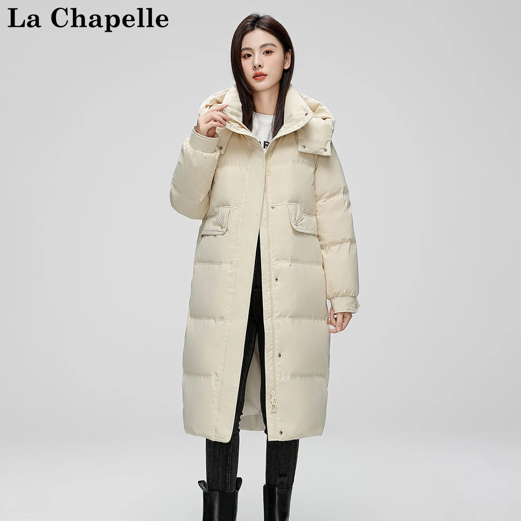 拉夏贝尔高级女款保暖时尚户外休闲连帽中长款加厚过膝羽绒服1