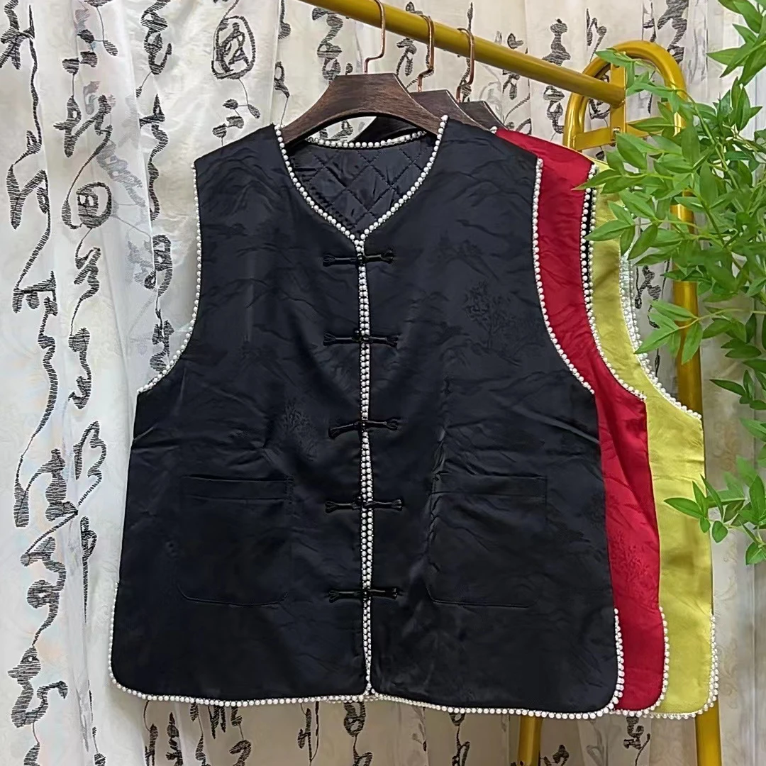 大聪（薄棉）国风珍珠边盘扣新中式大码胖妹妹时尚马夹77189