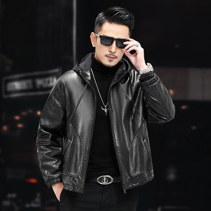 真皮皮衣青年男士大码纯色连帽休闲牛皮皮夹克潮流机车外套MS028