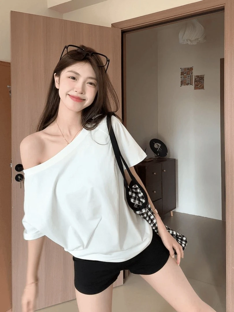 设计感露肩弹力宽松短袖T恤女2024新款百搭显瘦套头上衣夏