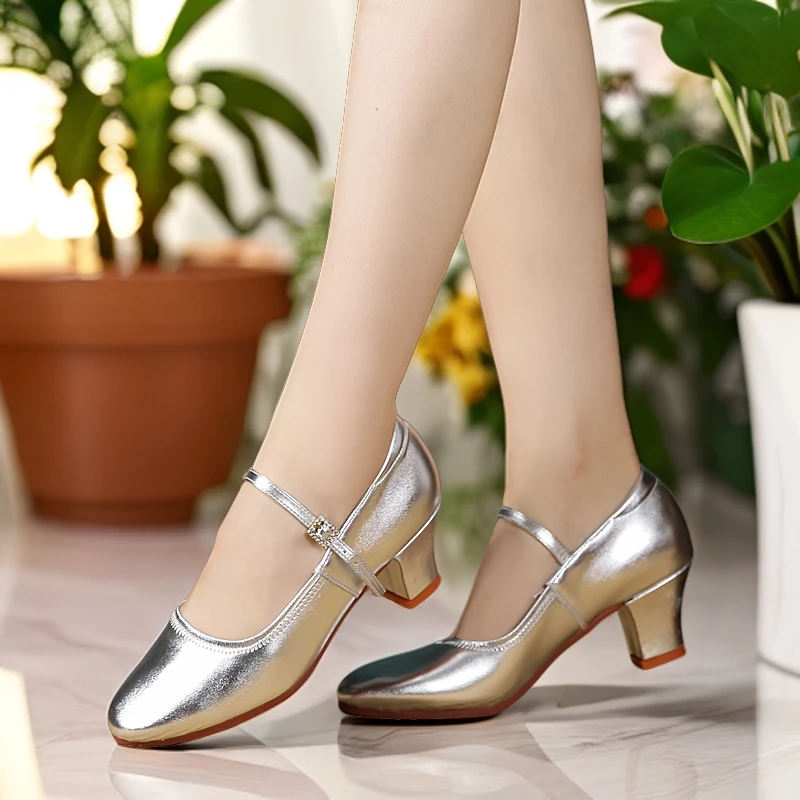 广场舞鞋真皮跳舞鞋中老年女士银色皮面摩登交谊舞中跟现代舞鞋子