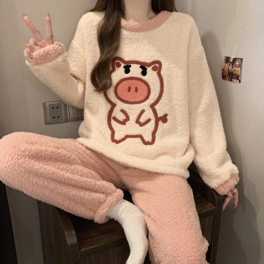 珊瑚绒睡衣女冬季加绒加厚15岁12大童高中初中生13保暖卡通家居服