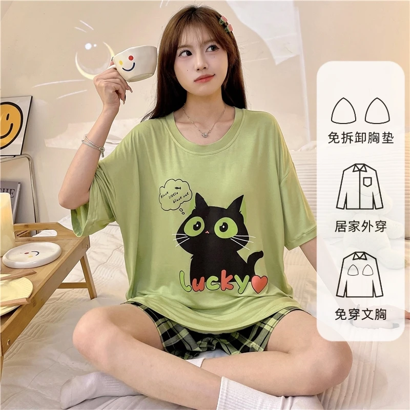 女大童初中生夏季莫代尔夏天睡衣带胸垫一体薄款防凸点女孩家居服