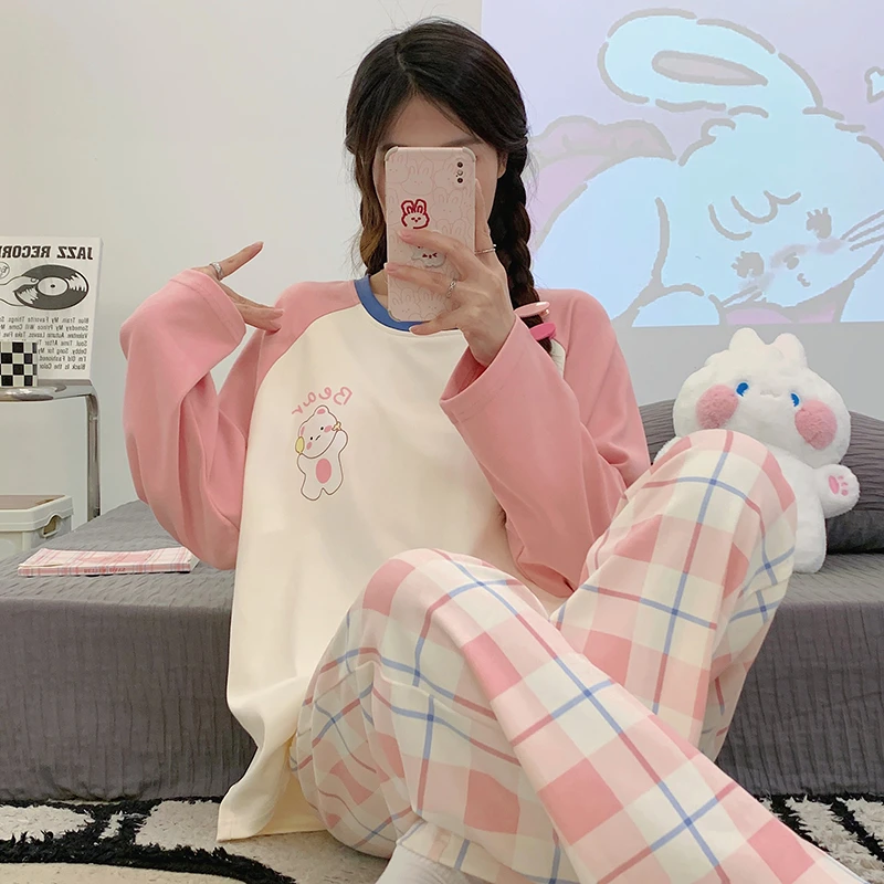 卡通可爱睡衣女2023年新款春秋季新款长袖纯棉休闲外穿家居服套装